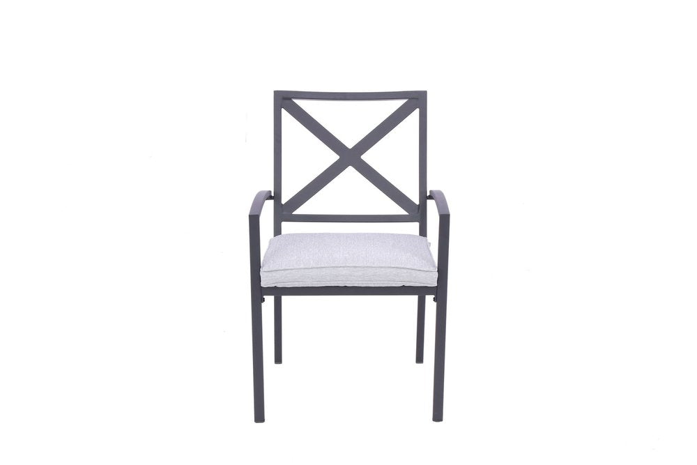 Set of Two Dark Gray Aluminum Outdoor Stacking Dining Chairs with Light Gray Cushion  Warm Home View