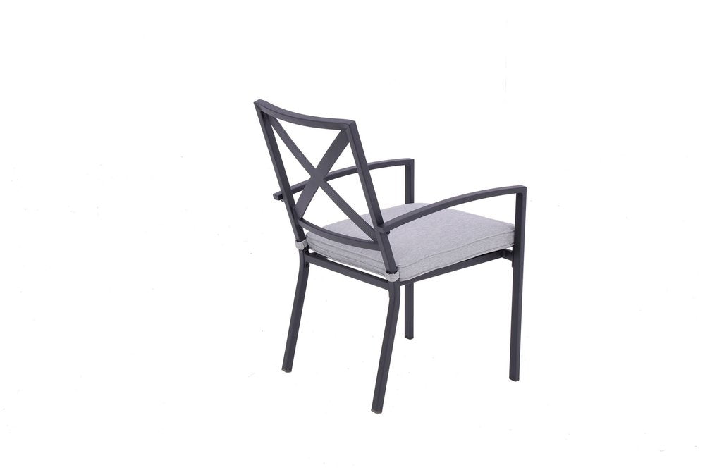 Set of Two Dark Gray Aluminum Outdoor Stacking Dining Chairs with Light Gray Cushion  Warm Home View