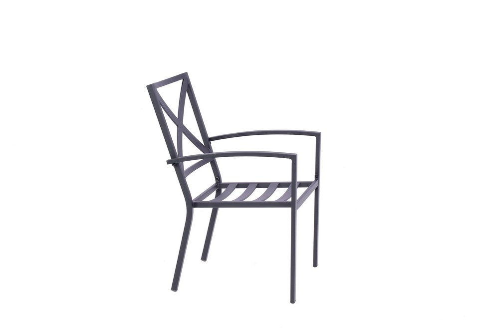 Set of Two Dark Gray Aluminum Outdoor Stacking Dining Chairs with Light Gray Cushion  Warm Home View