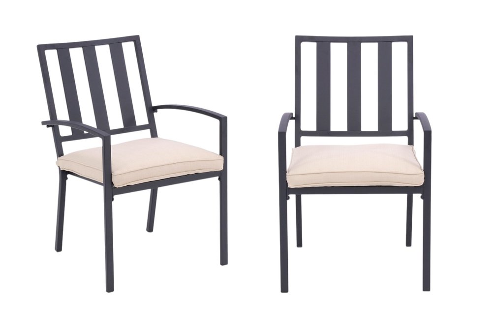 Set of Two Dark Gray Aluminum Outdoor Stacking Dining Chairs with Beige Cushion  Warm Home View