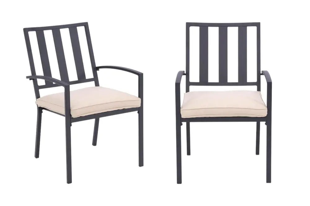 Dark Gray Aluminum Outdoor Stacking Dining Chairs with Beige Cushions - Set of 2  Warm Home View