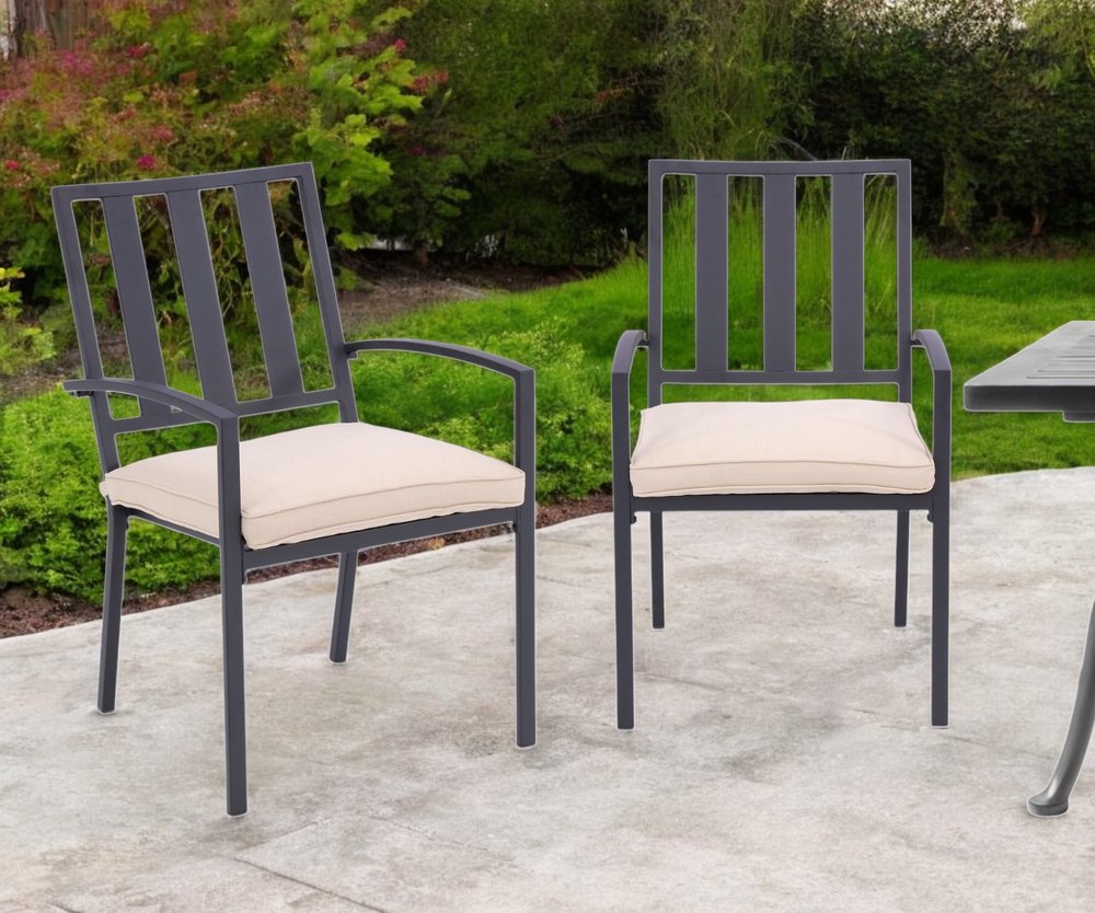 Set of Two Dark Gray Aluminum Outdoor Stacking Dining Chairs with Beige Cushion  Warm Home View