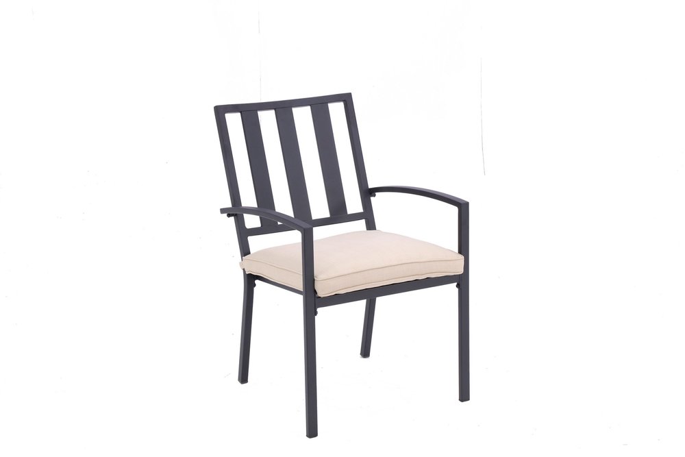Set of Two Dark Gray Aluminum Outdoor Stacking Dining Chairs with Beige Cushion  Warm Home View