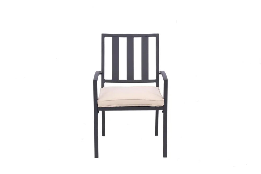 Dark Gray Aluminum Outdoor Stacking Dining Chairs with Beige Cushions - Set of 2  Warm Home View