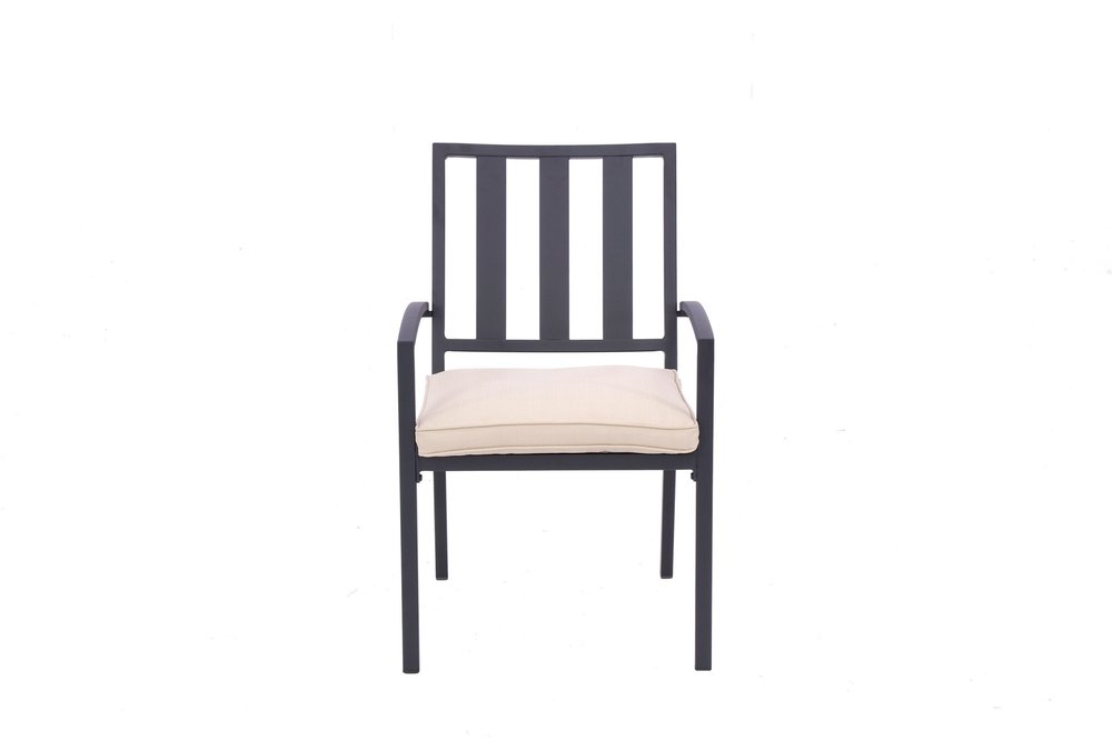 Set of Two Dark Gray Aluminum Outdoor Stacking Dining Chairs with Beige Cushion  Warm Home View