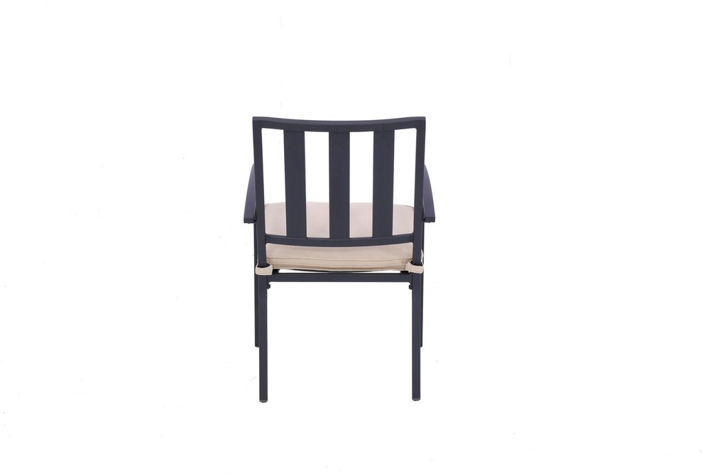 Set of Two Dark Gray Aluminum Outdoor Stacking Dining Chairs with Beige Cushion  Warm Home View