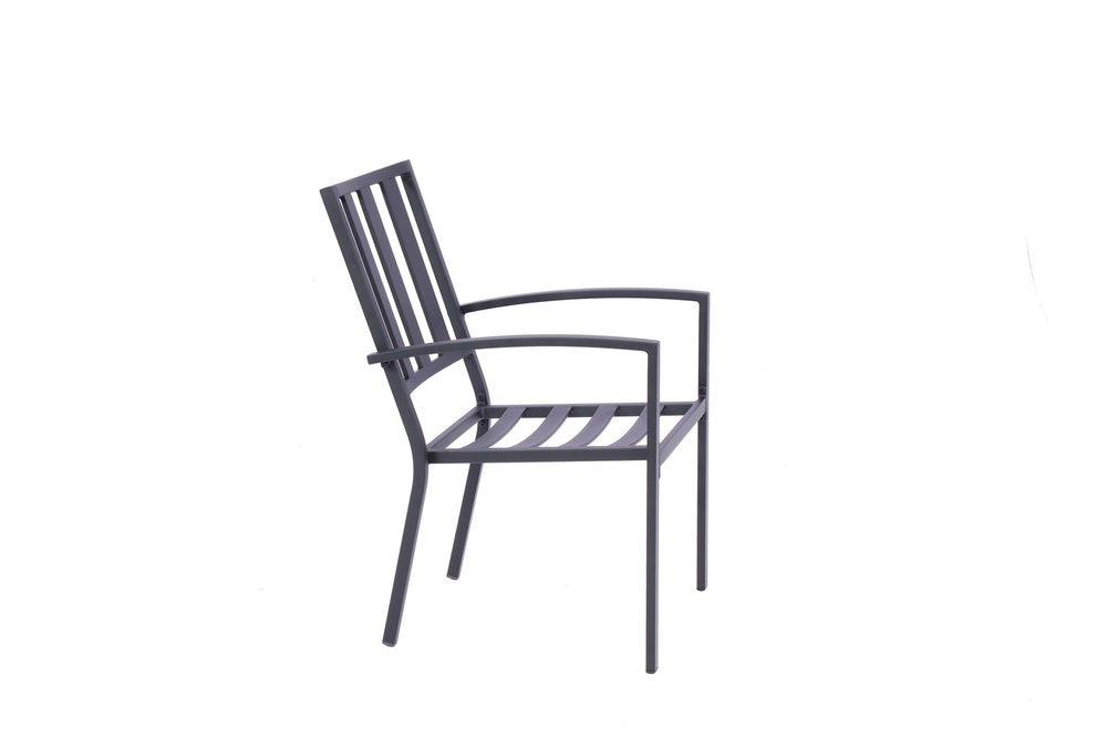 Set of Two Dark Gray Aluminum Outdoor Stacking Dining Chairs with Beige Cushion  Warm Home View