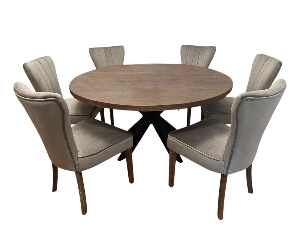 Seven Piece Gray and Black Round Solid Wood Dining Set with Six Chairs  Warm Home View