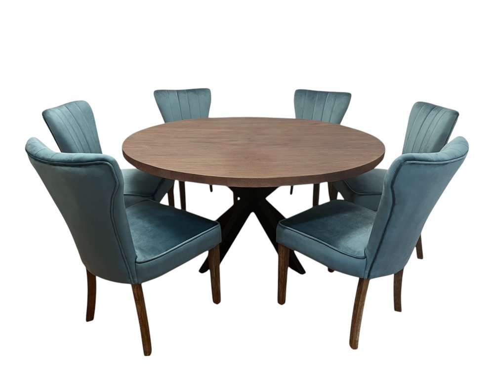 Seven Piece Gray and Black Round Solid Wood Dining Set with Six Chairs  Warm Home View