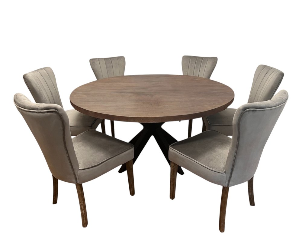 Seven Piece Gray and Black Round Solid Wood Dining Set with Six Chairs  Warm Home View