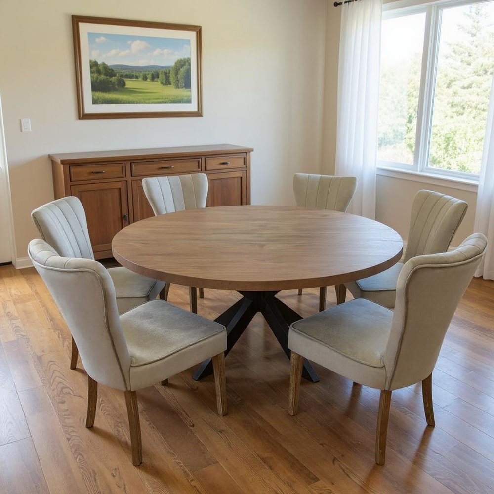 Seven Piece Gray and Black Round Solid Wood Dining Set with Six Chairs  Warm Home View