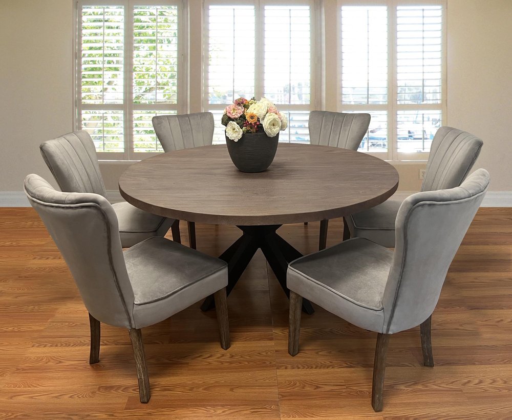 Seven Piece Gray and Black Round Solid Wood Dining Set with Six Chairs  Warm Home View