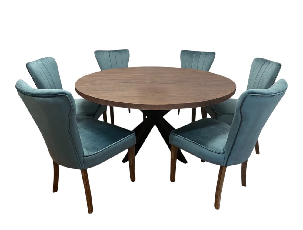 Seven Piece Gray and Black Round Solid Wood Dining Set with Six Chairs  Warm Home View