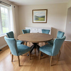 Seven Piece Gray and Black Round Solid Wood Dining Set with Six Chairs  Warm Home View