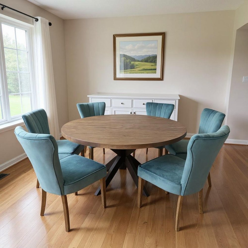 Seven Piece Gray and Black Round Solid Wood Dining Set with Six Chairs  Warm Home View