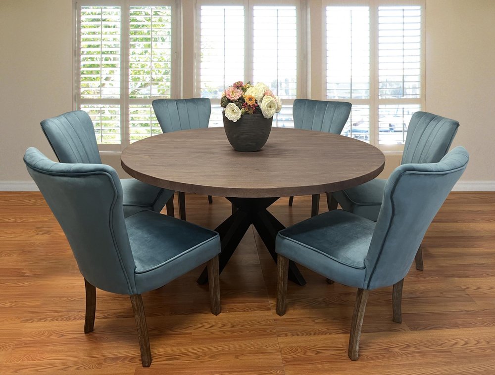 Seven Piece Gray and Black Round Solid Wood Dining Set with Six Chairs  Warm Home View