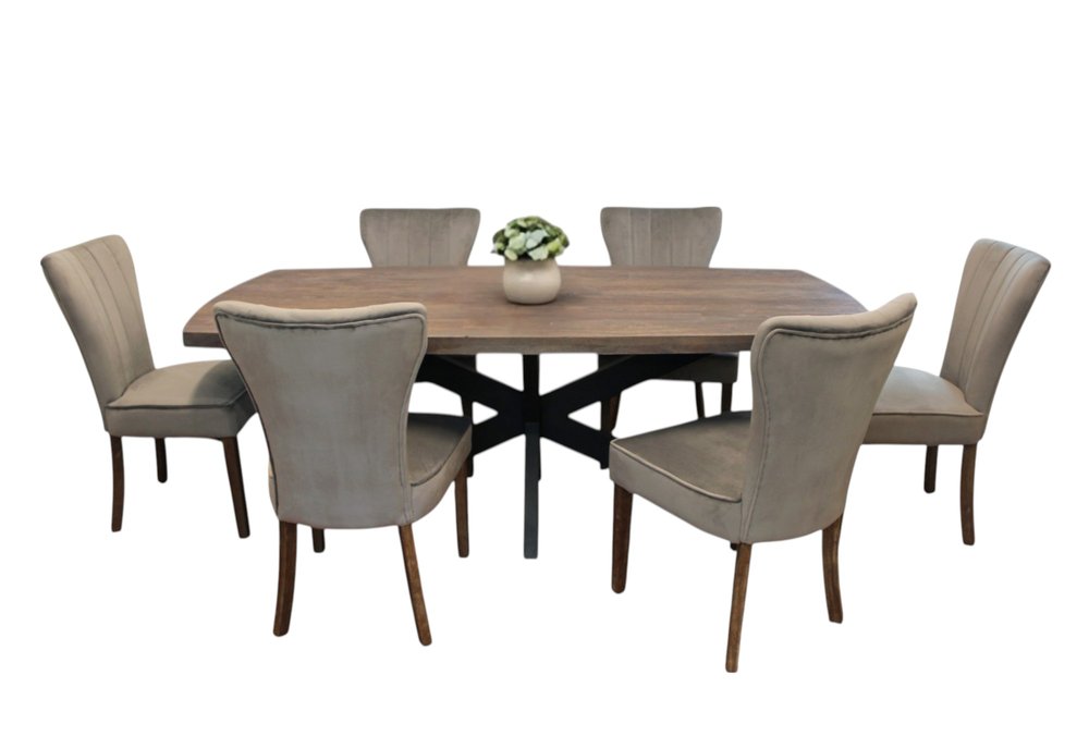 Seven Piece Gray and Black Solid Wood Dining Set with Six Chairs  Warm Home View