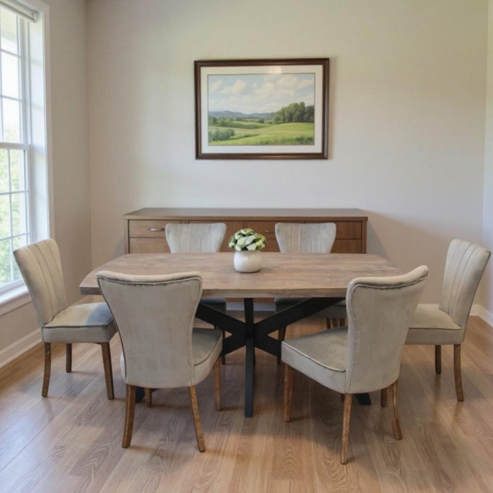 Seven Piece Gray and Black Solid Wood Dining Set with Six Chairs  Warm Home View