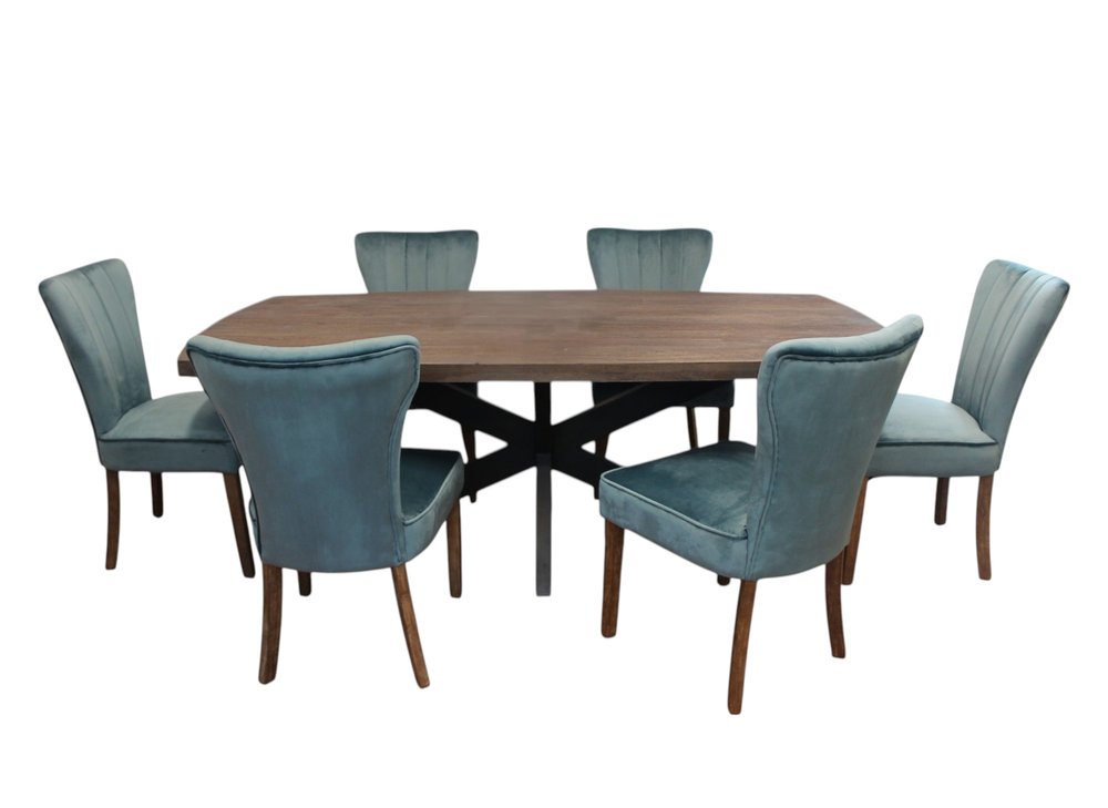 Seven Piece Gray and Black Solid Wood Dining Set with Six Chairs  Warm Home View