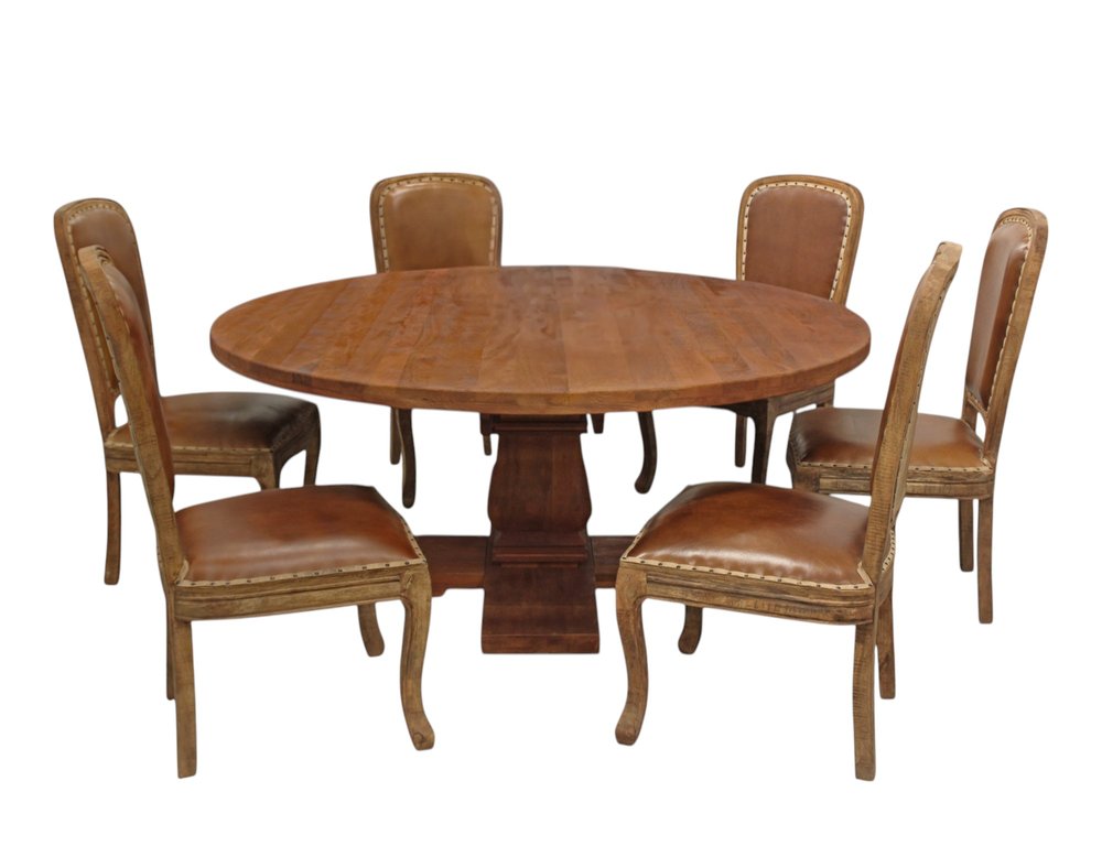 Seven Piece Brown Round Solid Wood Dining Set with Six Chairs  Warm Home View