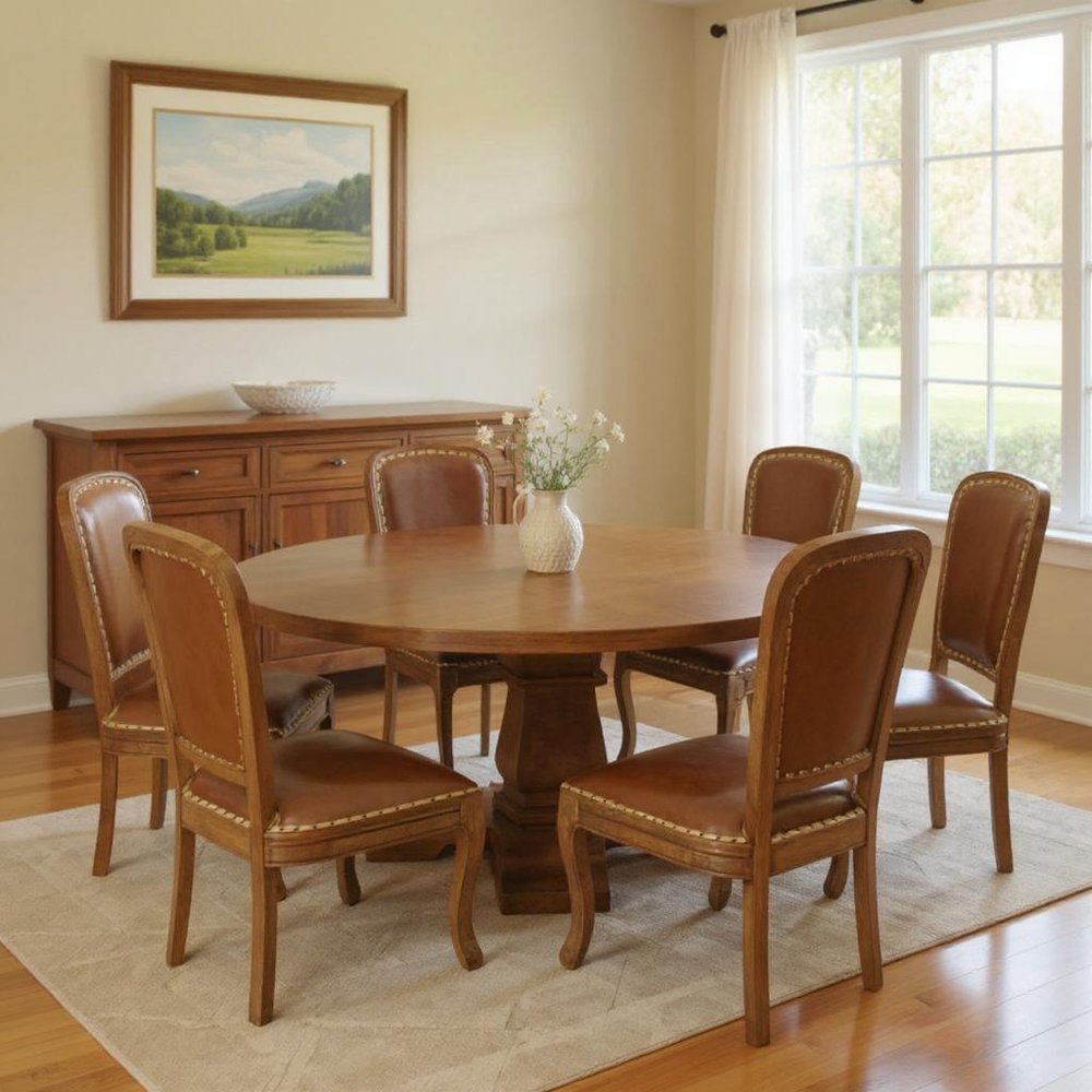 Seven Piece Brown Round Solid Wood Dining Set with Six Chairs  Warm Home View