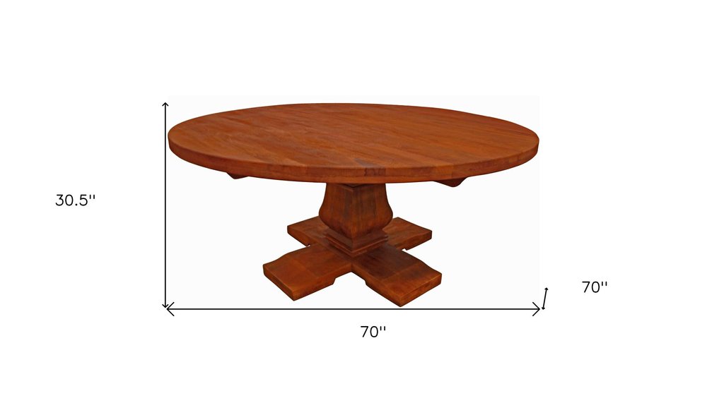 Seven Piece Brown Round Solid Wood Dining Set with Six Chairs  Warm Home View