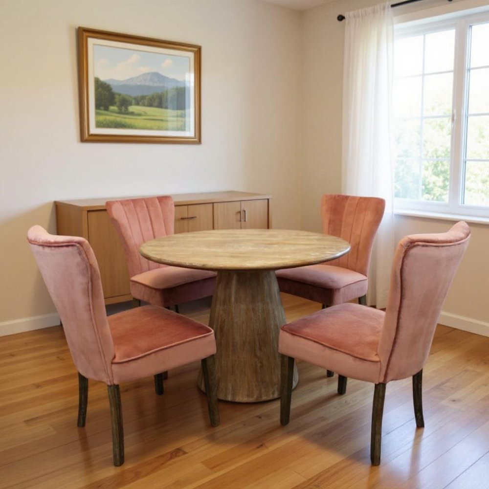 Five Piece Natural Round Solid Wood Dining Set with Four Chairs  Warm Home View