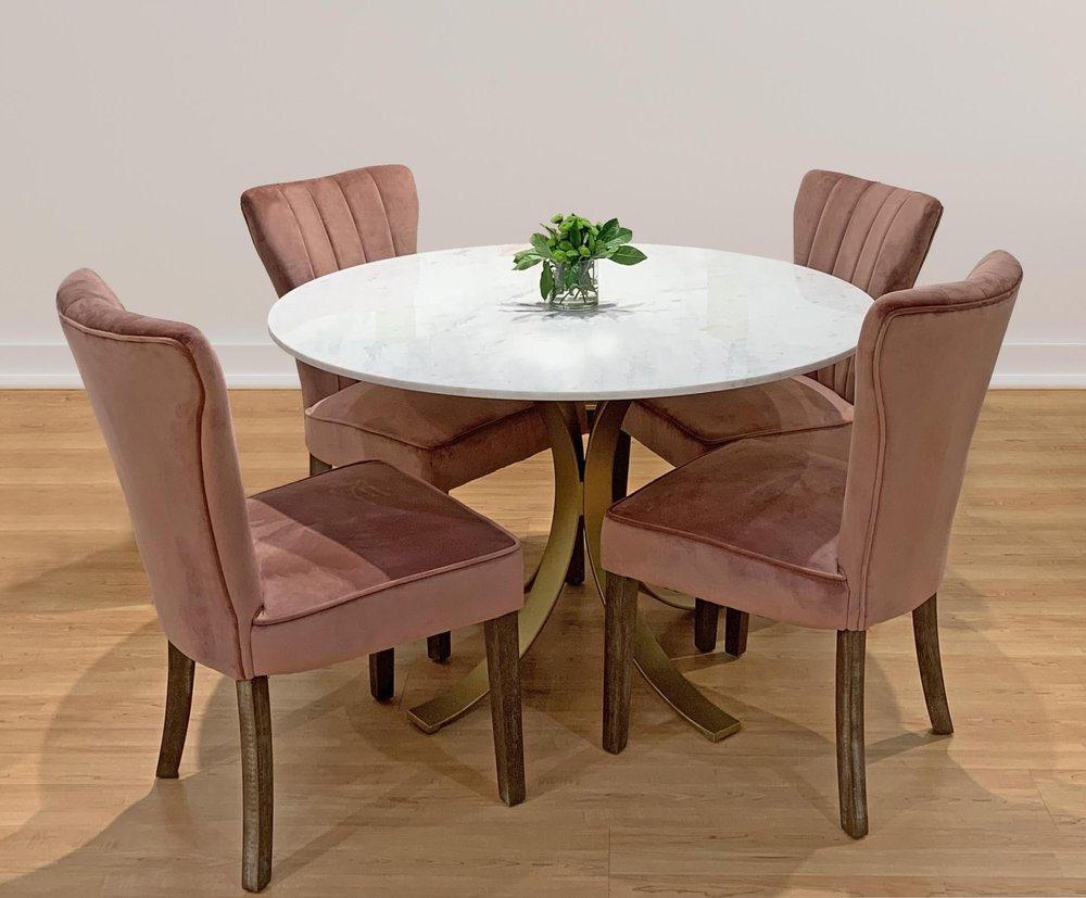 Five Piece Ivory and Gold Round Marble Dining Set with Four Chairs  Warm Home View
