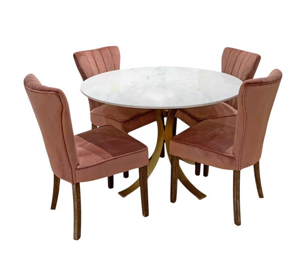 Five Piece Ivory and Gold Round Marble Dining Set with Four Chairs  Warm Home View