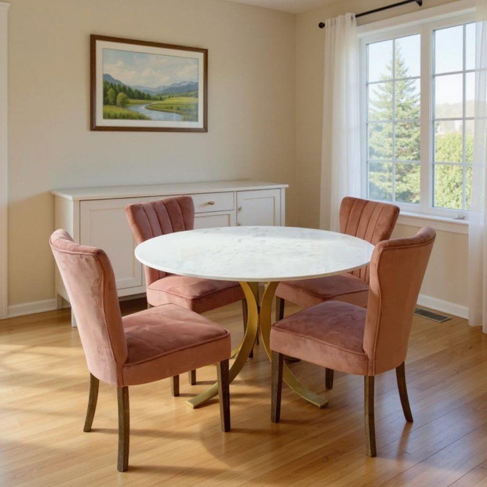 Five Piece Ivory and Gold Round Marble Dining Set with Four Chairs  Warm Home View