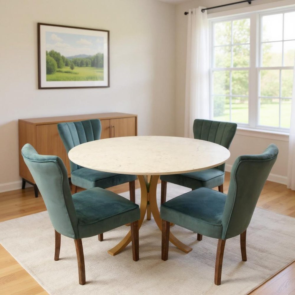 Five Piece Ivory and Gold Round Marble Dining Set with Four Chairs  Warm Home View