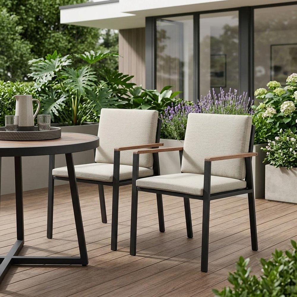 Set of Two 22" Light Gray Solid Wood Outdoor Dining Chair with Taupe Cushion  Warm Home View