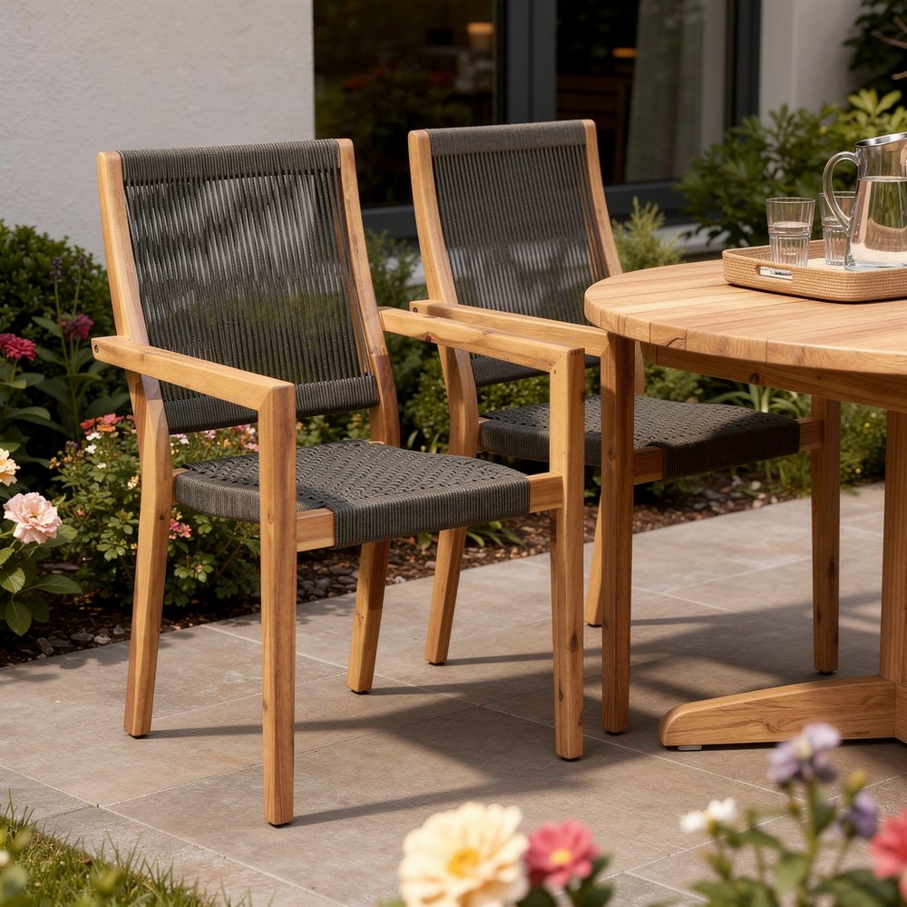 Set of Two 23" Charcoal and Natural Wood Solid Wood Outdoor Arm Chair  Warm Home View