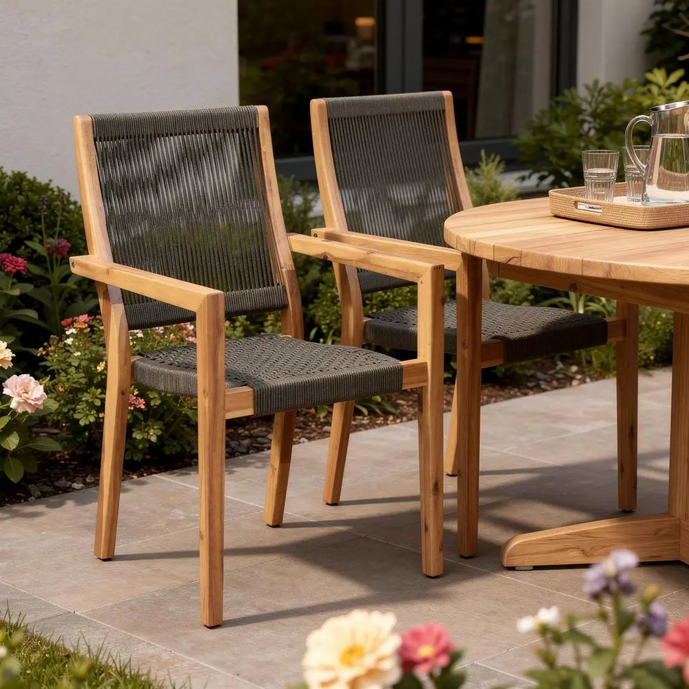 Charcoal and Natural Wood Solid Wood Outdoor Armchairs - Set of 2  Warm Home View