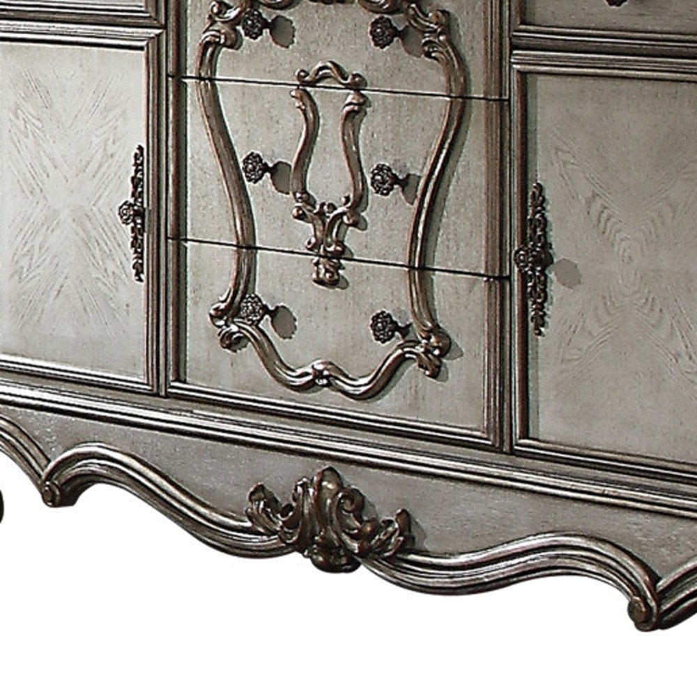 70" Platinum Carved Scrollwork Wood And Polyresin Five Drawer Triple Dresser  Warm Home View