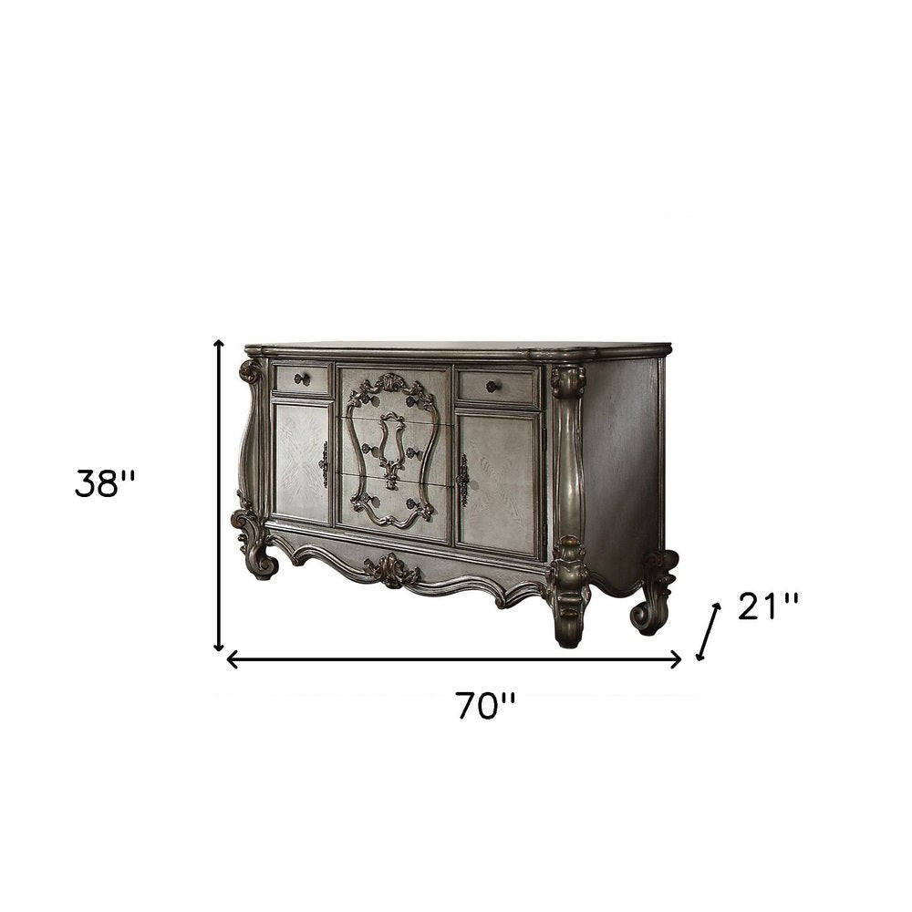 70" Platinum Carved Scrollwork Wood And Polyresin Five Drawer Triple Dresser  Warm Home View
