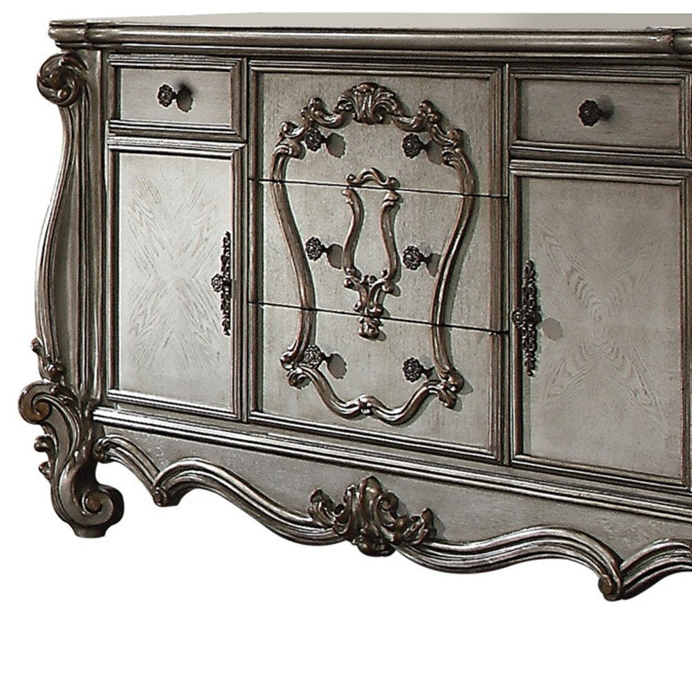 70" Platinum Carved Scrollwork Wood And Polyresin Five Drawer Triple Dresser  Warm Home View