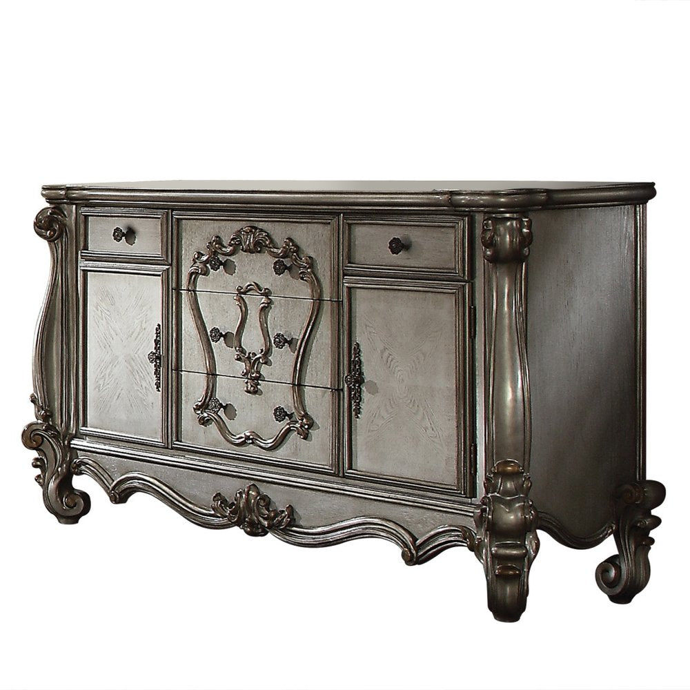 70" Platinum Carved Scrollwork Wood And Polyresin Five Drawer Triple Dresser  Warm Home View