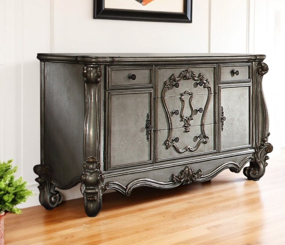 70" Platinum Carved Scrollwork Wood And Polyresin Five Drawer Triple Dresser  Warm Home View