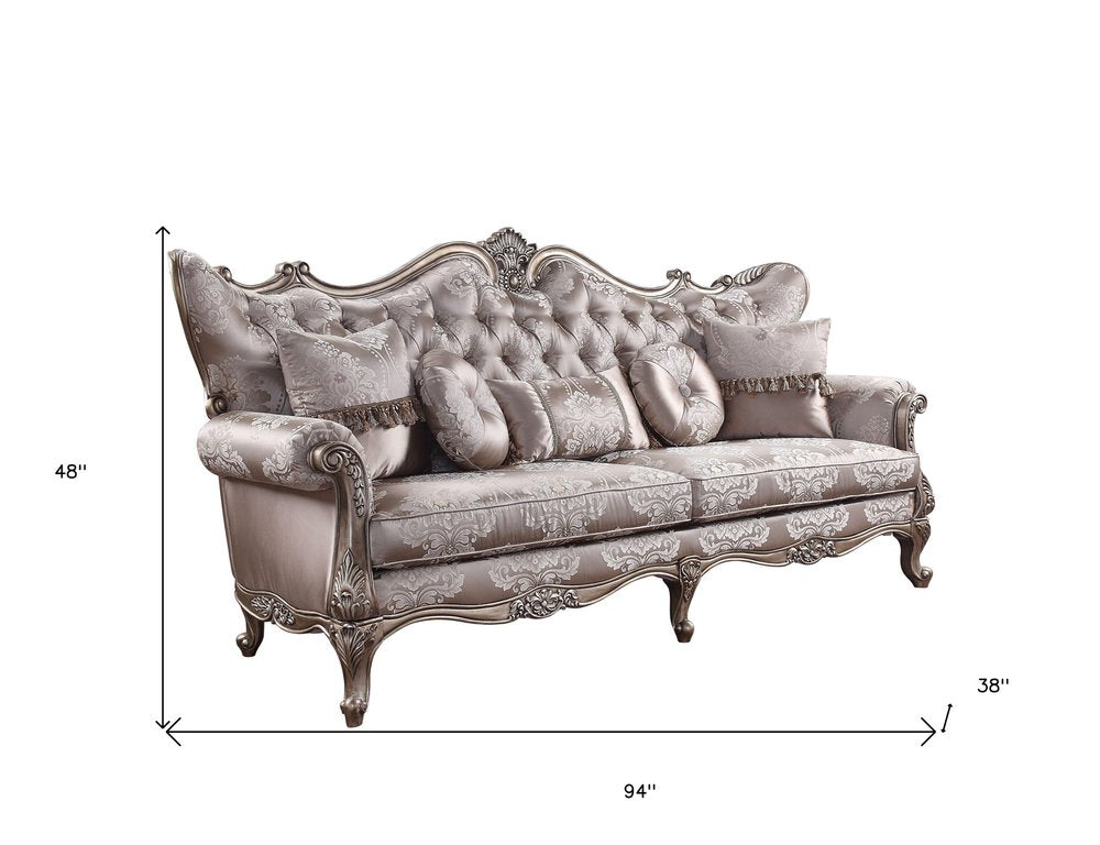 94" Dark Gray Imitation Silk Damask Sofa And Toss Pillows With Champagne Legs  Warm Home View