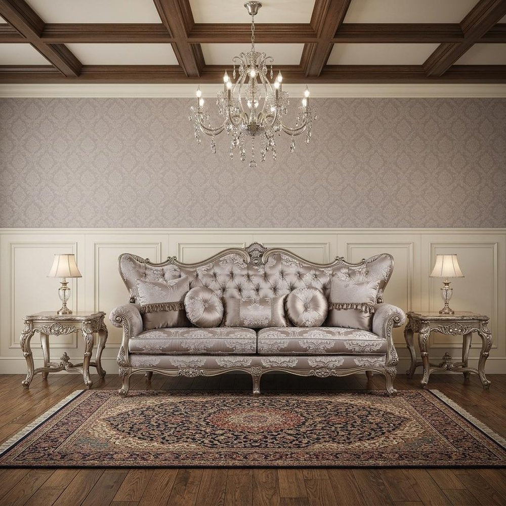 94" Dark Gray Imitation Silk Damask Sofa And Toss Pillows With Champagne Legs  Warm Home View