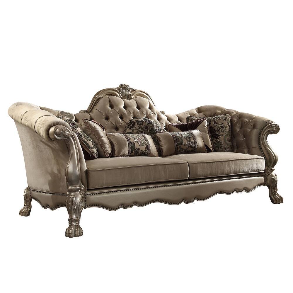 96" Bone Velvet Sofa And Toss Pillows With Gold Legs  Warm Home View