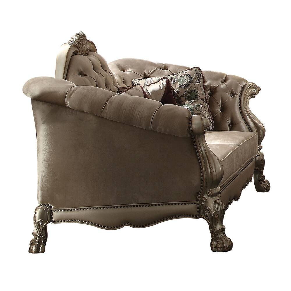 96" Bone Velvet Sofa And Toss Pillows With Gold Legs  Warm Home View