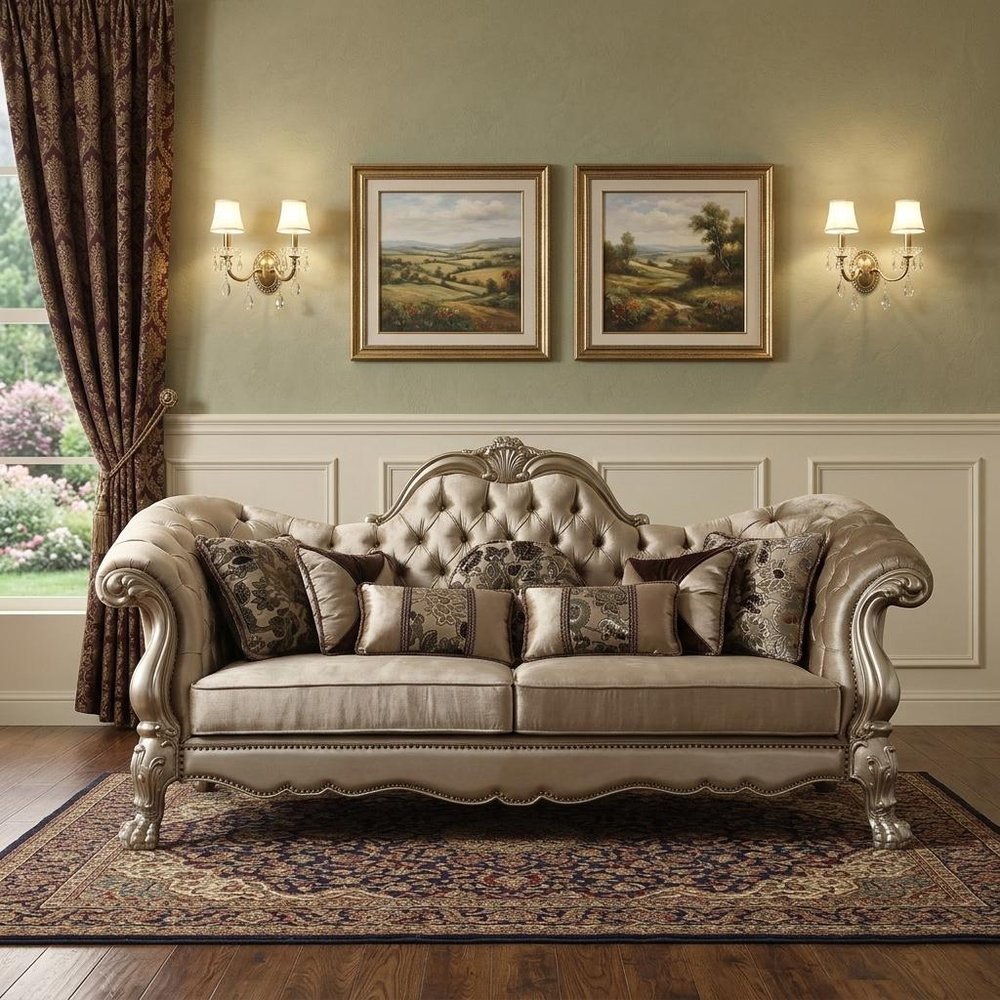 96" Bone Velvet Sofa And Toss Pillows With Gold Legs  Warm Home View