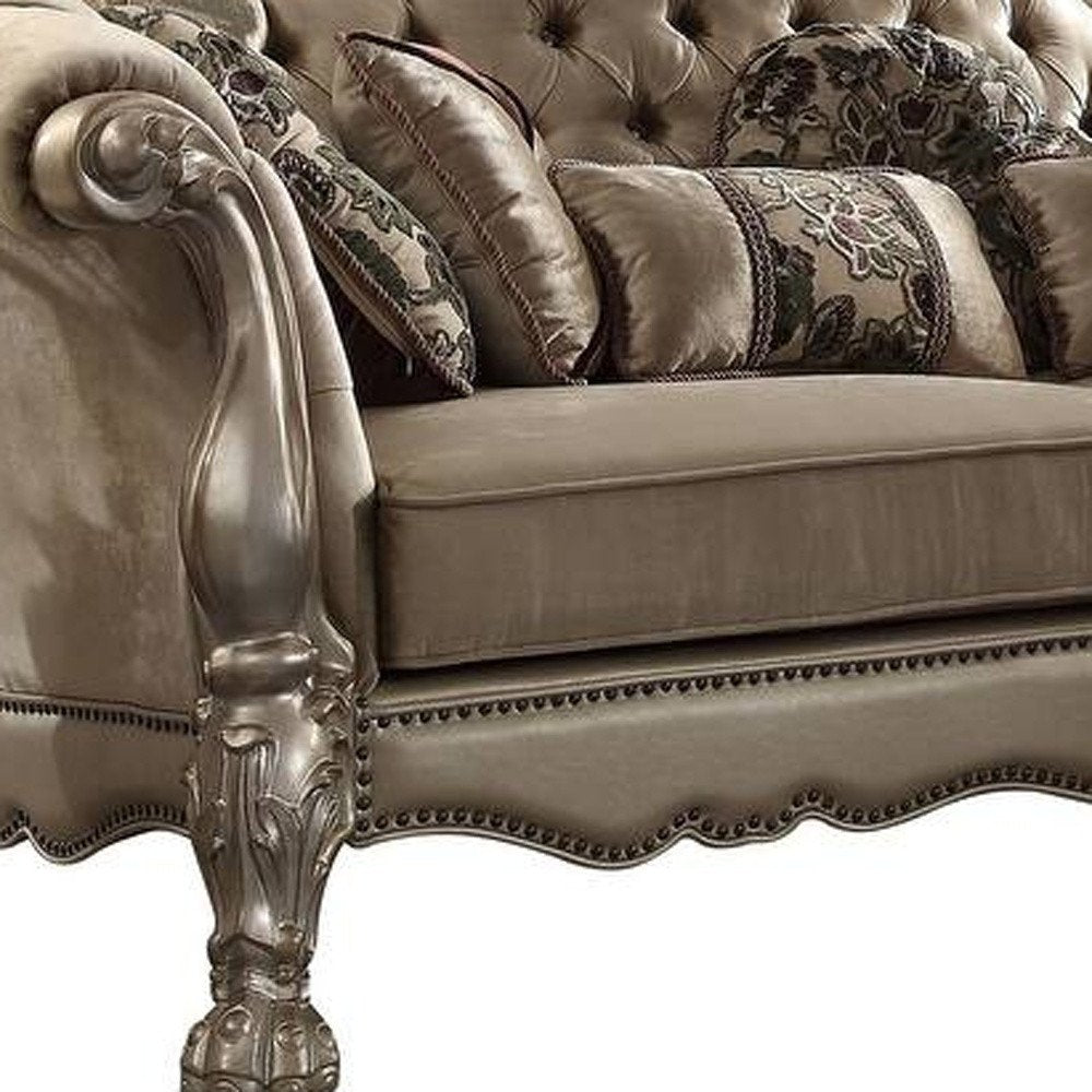 96" Bone Velvet Sofa And Toss Pillows With Gold Legs  Warm Home View