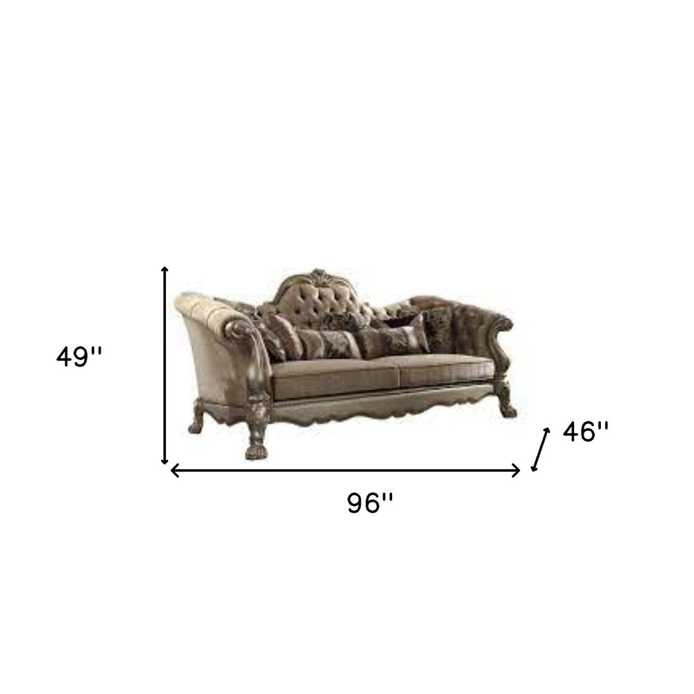 96" Bone Velvet Sofa And Toss Pillows With Gold Legs  Warm Home View