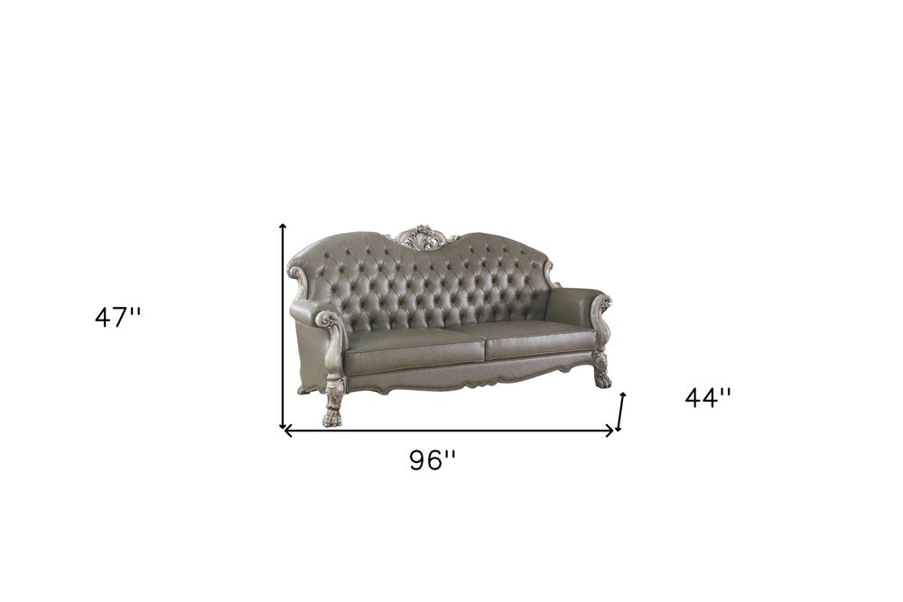 96" Bone Faux Leather Sofa And Toss Pillows With White Legs  Warm Home View