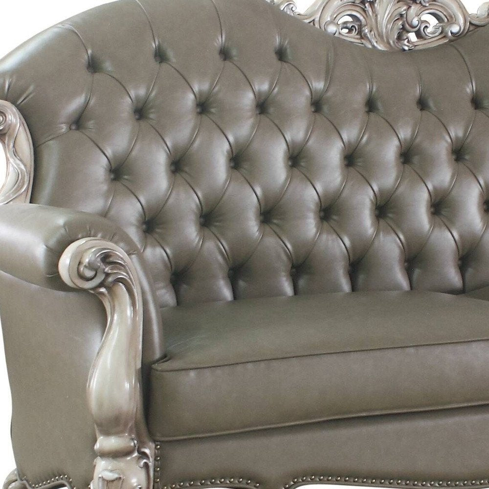 96" Bone Faux Leather Sofa And Toss Pillows With White Legs  Warm Home View