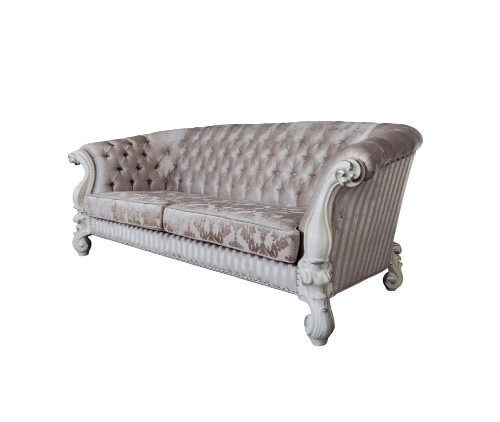 99" Ivory Velvet Damask Sofa And Toss Pillows With Bone Legs  Warm Home View