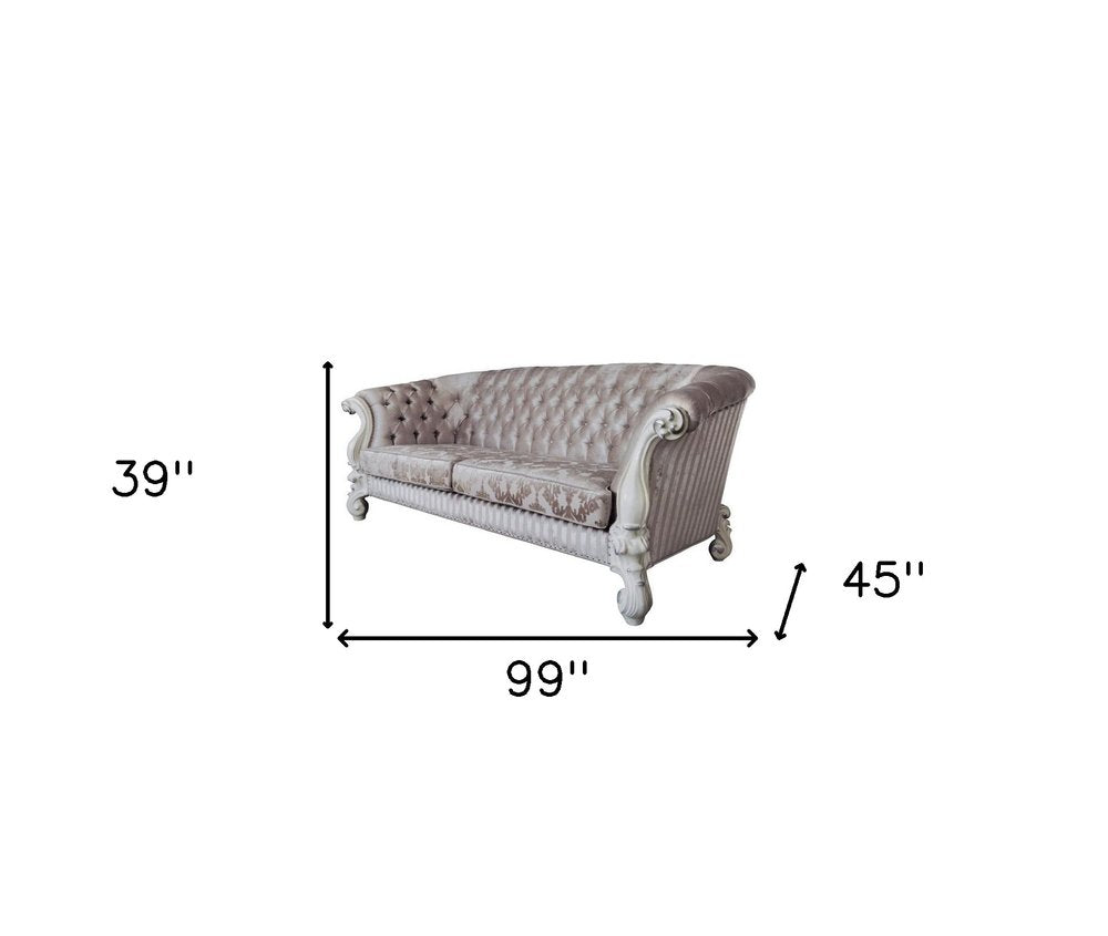 99" Ivory Velvet Damask Sofa And Toss Pillows With Bone Legs  Warm Home View